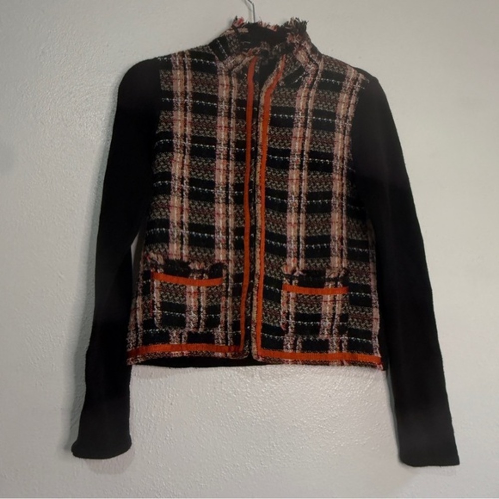 Street One Women's Black and Orange Plaid Sweater Jacket. Sz 8.